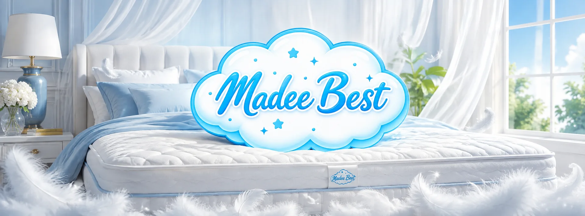 ห้องนอนโทนขาว-ฟ้าอ่อน มีโลโก้เมฆ Madee Best ลอยอยู่เหนือที่นอน MadeeBest และมีขนนุ่มปลิวรอบ ๆ